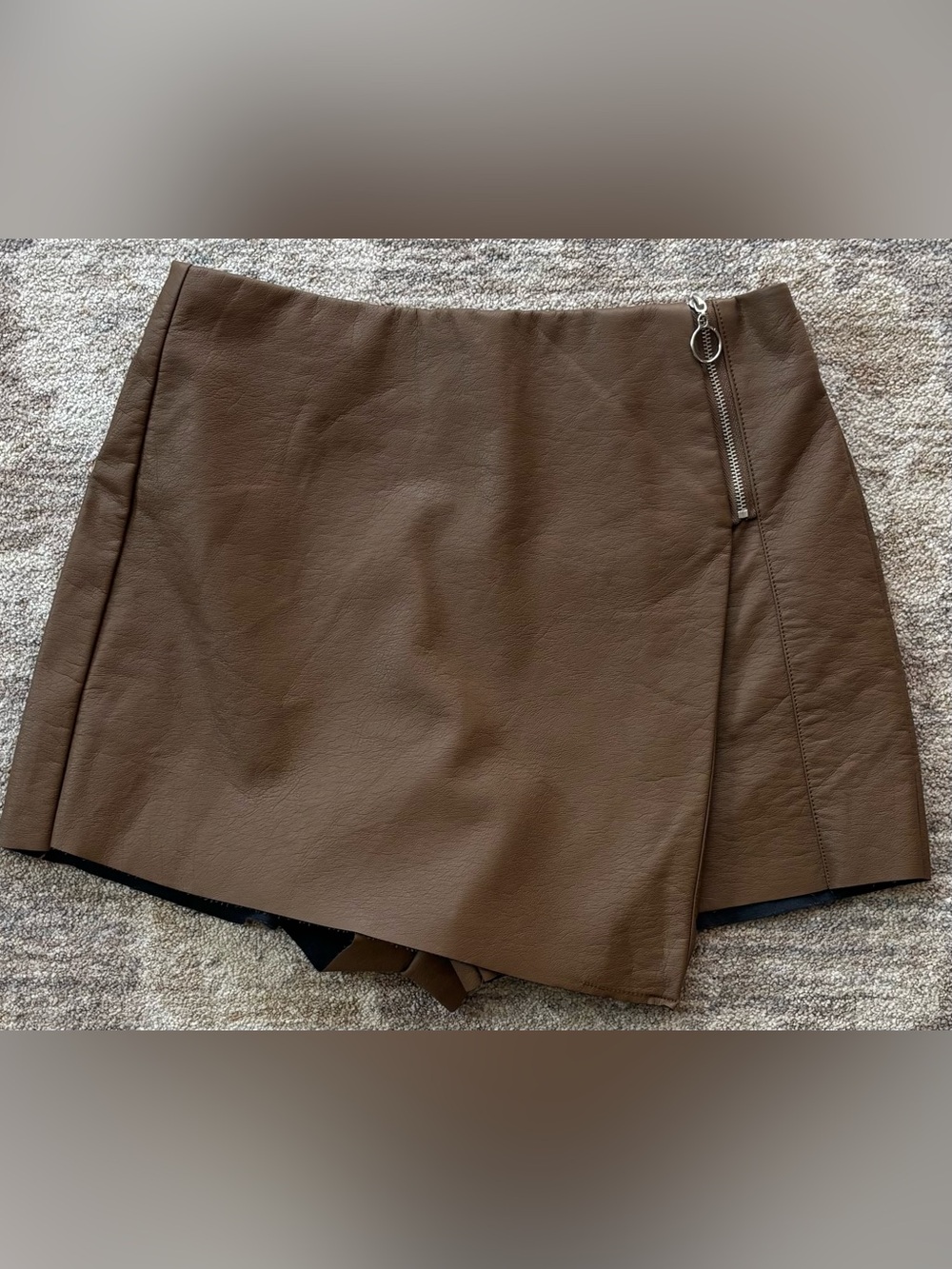 Brown Faux Leather Mini Skort with Side Zip